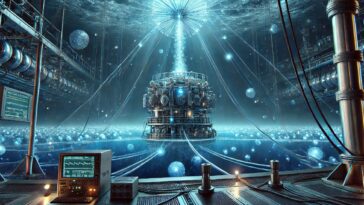 Rappresentazione artistica del futuristico osservatorio di neutrini nelle profondità marine, catturando un evento ultra-energetico con il bagliore blu di Cherenkov.